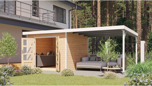 KARIBU Gartenhaus »Haby A«, Außenmaß (BxHxT): 574 x 218,5 x 271 cm, naturbelassen/weiß, Anbaudach 3m - braun