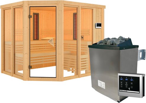 KARIBU Infrarotkabine, inkl. 9 kW Saunaofen mit externer Steuerung, für 4 Personen - braun