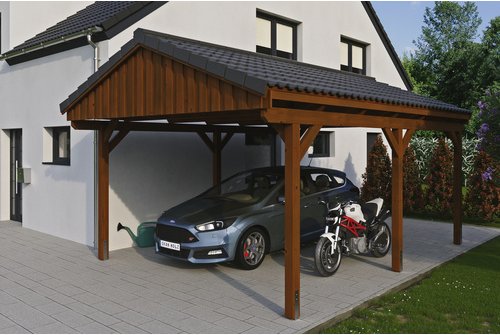 SKANHOLZ Carport »Fichtelberg«, BxT: 423 x 566 cm, Firsthöhe: 326 cm, lasiert - braun