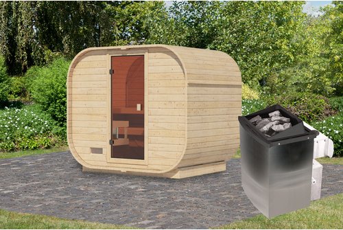 KARIBU Fasssauna »Loksa«, BxTxH: 225 x 175 x 229 cm, 9 kW Ofen mit externe Steuerung, für 3 Personen - braun