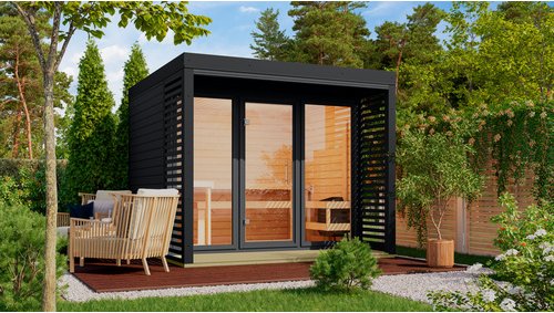 KARIBU Saunahaus »Harju«, BxTxH: x 276 x 276 x 231,5 cm, 9 kW Ofen, für 5 Personen - schwarz