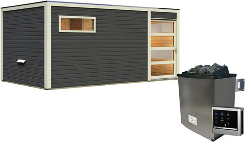 KARIBU Saunahaus »Walk«, BxTxH: 508 x 276 x 210 cm, 9 kW Ofen mit ext. Steuerung - grau