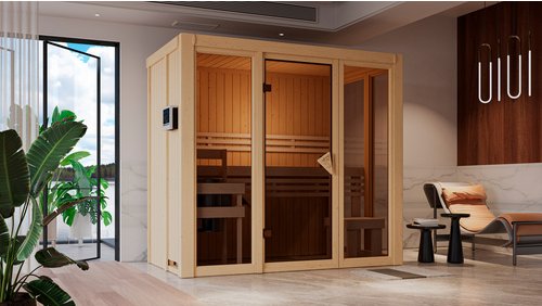 KARIBU Sauna »Juminda«, BxTxH: 216 x 122 x 198 cm, ohne Ofen , für 2 Personen - beige