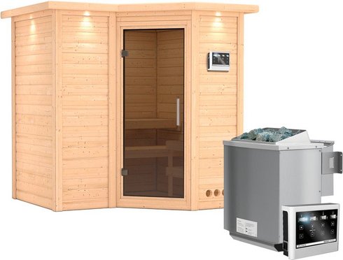 KARIBU Sauna »Riga 1«, inkl. 9 kW Bio-Kombi-Saunaofen mit externer Steuerung, für 3 Personen - beige