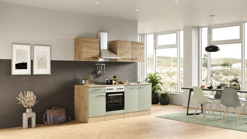 Flex-Well Küchenzeile »Cara«, mit E-Geräten, Gesamtbreite: 210 cm, Dekor: Schilfgrün matt / Artisan Eiche - gruen