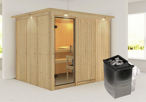 KARIBU Sauna »Jöhvi«, inkl. 9 kW Saunaofen mit integrierter Steuerung, für 4 Personen - beige