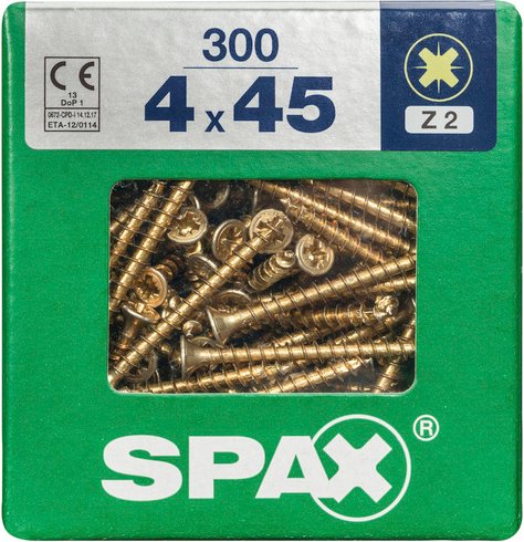 SPAX Universalschraube, PZ2, Stahl, 300 Stück, 4 x 45 mm - goldfarben