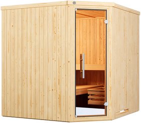 WEKA Ecksauna »VARBERG 3«, 6 Personen, inkl. 9 kW Ofen mit integrierter Steuerung - braun