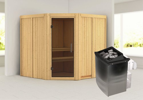 KARIBU Sauna »Vöru«, inkl. 9 kW Saunaofen mit integrierter Steuerung, für 4 Personen - beige