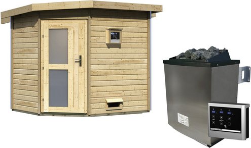 KARIBU Saunahaus »Kreslau«, BxTxH: 231 x 196 x 226 cm, 9 kW Ofen mit ext. Steuerung - beige