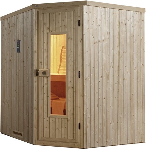WEKA Ecksauna »Varberg 2«, inkl. 7.5 kW Bio-Kombi-Saunaofen mit digitaler Steuerung, für 4 Personen - beige