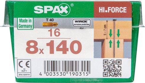 SPAX Holzbauschraube, 8 mm, Stahl, 16 Stk., HI.FORCE 8x140 L - silberfarben