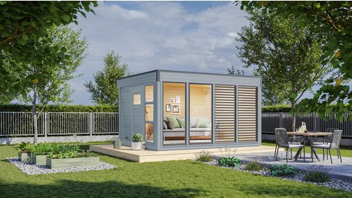 WOLFF FINNHAUS Gartenhaus »Finn Cube Typ 3«, Holz, BxT: 429 x 328 cm (Außenmaße inkl. Dachüberstand) - grau