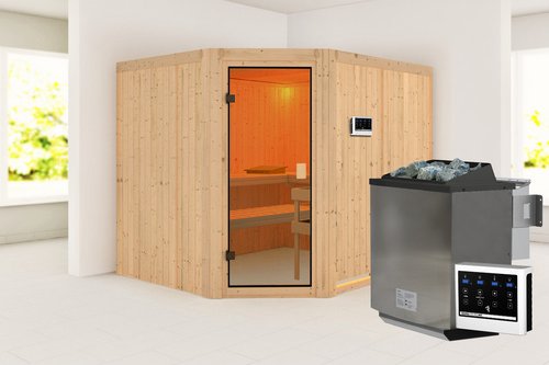 KARIBU Sauna »Jewe«, BxTxH: 231 x 196 x 198 cm, 9 kW Bio-Ofen mit externe Steuerung, für 4 Personen - beige