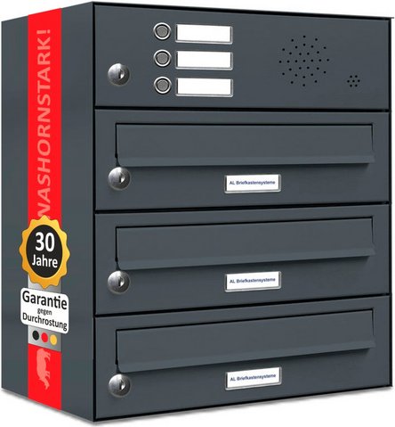 AL BRIEFKASTENSYSTEME Briefkasten, Parteien: 3, Aufputzmontage, BxHxT: 153,346 x 46,0 x 27,5 cm - grau