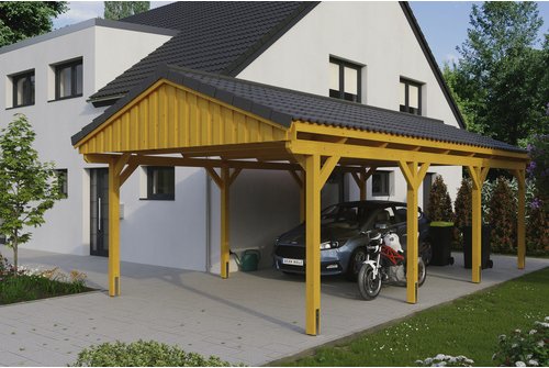 SKANHOLZ Carport »Fichtelberg«, BxT: 423 x 808 cm, Firsthöhe: 326 cm, lasiert - beige