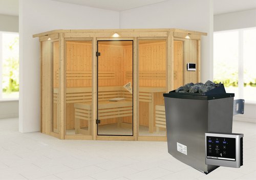 KARIBU Sauna »Ehmja 2«, BxHxT:245 x 202 x 245 cm, mit Dachkranz - beige