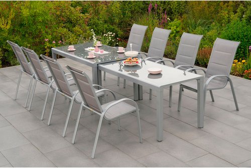 MERXX Gartenmöbelset »Amalfi«, 9-tlg., stapelbar/verlängerbar, Aluminium/Textil - braun | silberfarben