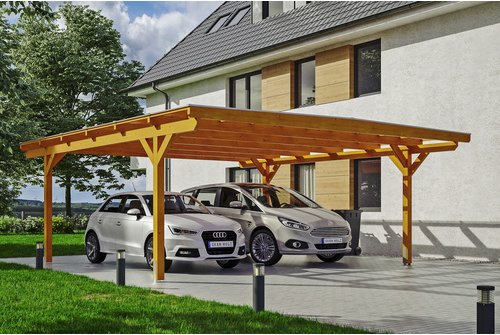 SKANHOLZ Carport »Odenwald«, BxT: 640 x 648 cm, Firsthöhe: 244 cm, lasiert - beige