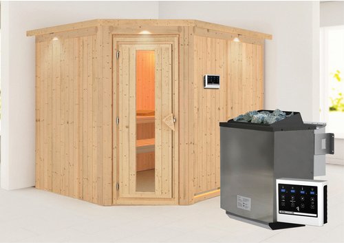 KARIBU Sauna »Haaspsalu«, inkl. 9 kW Bio-Kombi-Saunaofen mit externer Steuerung, für 4 Personen - braun