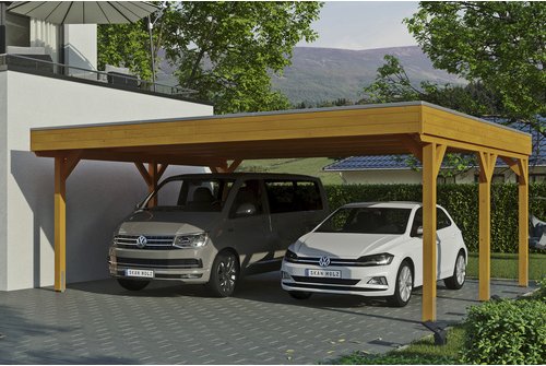 SKANHOLZ Carport »Grunewald«, BxT: 622 x 554 cm, Firsthöhe: 255 cm, lasiert - beige