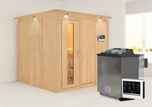 KARIBU Sauna »Valga«, inkl. 9 kW Bio-Kombi-Saunaofen mit externer Steuerung, für 4 Personen - beige