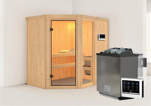 KARIBU Sauna »Paide 1«, inkl. 9 kW Bio-Kombi-Saunaofen mit externer Steuerung, für 3 Personen - beige