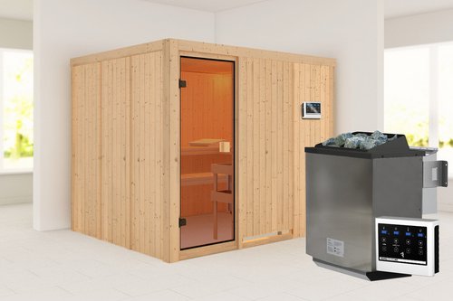 KARIBU Sauna »Rappel«, BxTxH: 231 x 196 x 198 cm, 9 kW Bio-Ofen mit externe Steuerung , für 4 Personen - beige