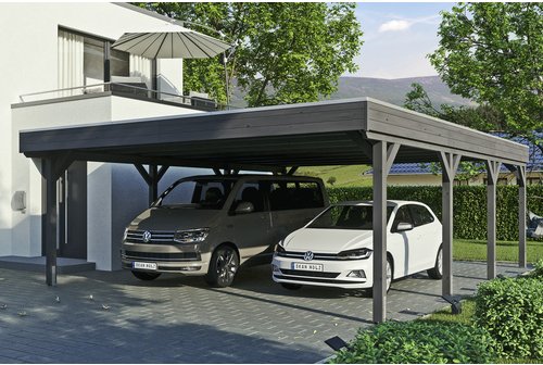 SKANHOLZ Carport »Grunewald«, BxT: 622 x 796 cm, Firsthöhe: 255 cm, lasiert - grau