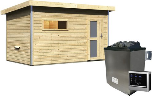 KARIBU Saunahaus »Schwanenburg 3«, BxTxH: 393 x 231 x 239 cm, 9 kW Ofen mit ext. Steuerung - beige