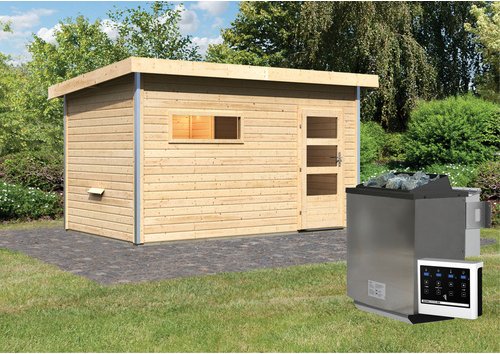 KARIBU Saunahaus »Schwanenburg 3«, BxTxH: 393 x 231 x 239 cm, 9 kW Bio-Kombi-Ofen mit ext. Steuerung - beige