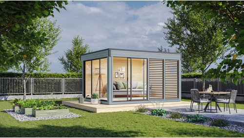 WOLFF FINNHAUS Gartenhaus »Finn Cube Typ 1«, Holz, BxT: 429 x 328 cm (Außenmaße inkl. Dachüberstand) - grau