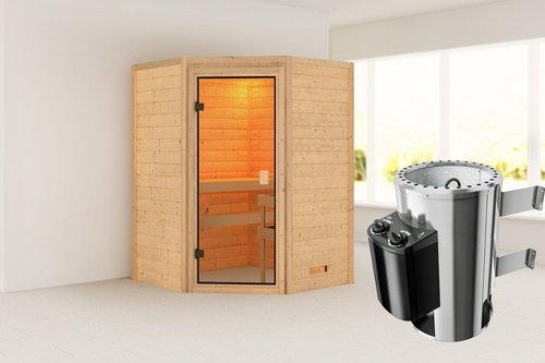 KARIBU Sauna »Reval«, BxTxH: 145 x 145 x 187 cm, 3,6 kW Ofen mit interne Steuerung , für 2 Personen - beige