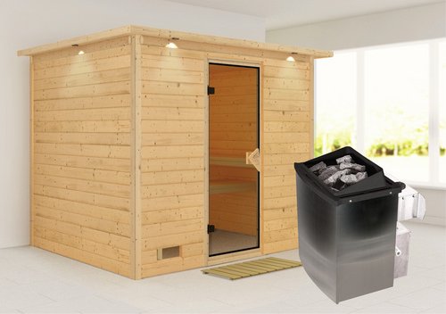 KARIBU Sauna »Paldiski«, inkl. 9 kW Saunaofen mit integrierter Steuerung, für 4 Personen - beige