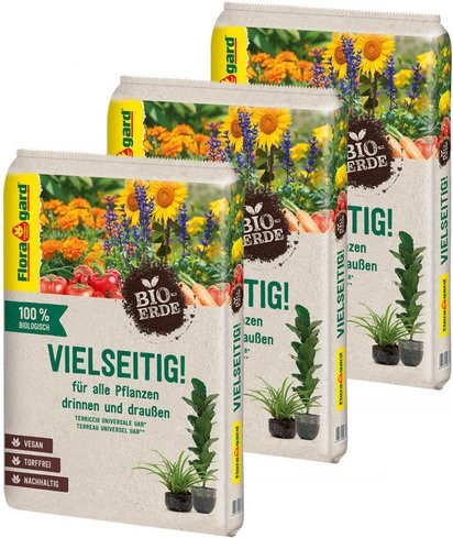 FLORAGARD Pflanzenerde, 3 x 10 Liter, Karton, torffrei - braun