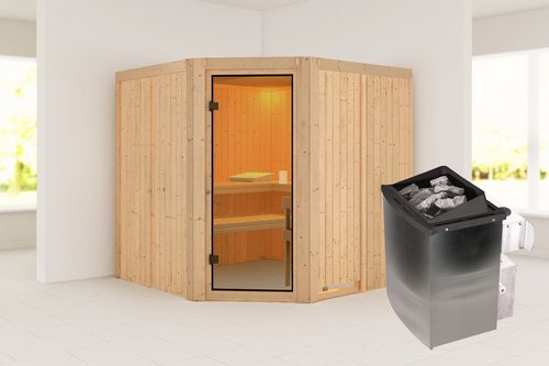 KARIBU Sauna »Hiiu«, BxTxH: x 196 x 196 x 198 cm, 9 kW Ofen, für 5 Personen - braun