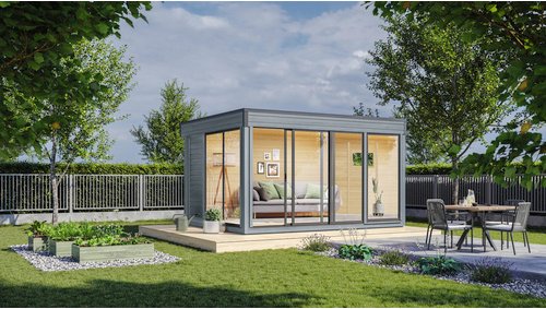 WOLFF FINNHAUS Gartenhaus »Finn Cube Typ 2«, Holz, BxT: 429 x 328 cm (Außenmaße inkl. Dachüberstand) - grau