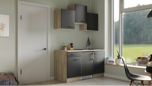 Flex-Well Singleküche »Capri«, mit E-Geräten, Gesamtbreite: 150 cm, Front mit Antifingerprint-Effekt - schwarz