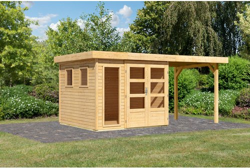 KARIBU Gartenhaus »Lahar 3,5«, BxHxT: 491 x 211 x 242 cm (Außenmaße inkl. Dachüberstand), Wandstärke 19 mm - braun