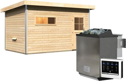 KARIBU Saunahaus »Schwanenburg«, 396x231x227 cm, 9 kW Bio-Ofen - braun