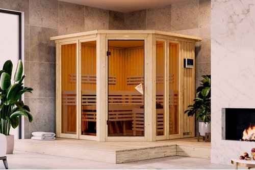KARIBU Sauna »Riisa«, BxTxH: 210 x 210 x 202 cm, 9 kW Ofen mit externe Steuerung , für 4 Personen - beige