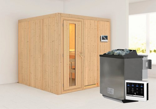 KARIBU Sauna »Valga«, inkl. 9 kW Bio-Kombi-Saunaofen mit externer Steuerung, für 4 Personen - beige