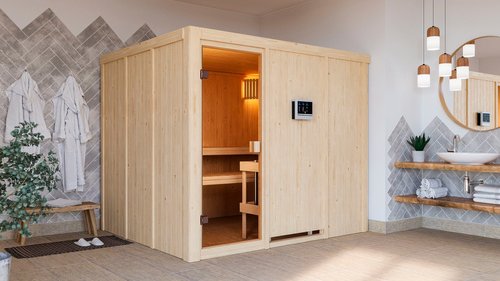 KARIBU Sauna »Rappel«, BxTxH: 231 x 196 x 198 cm, 9 kW Ofen mit externe Steuerung, für 4 Personen - beige