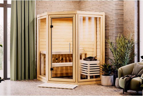 KARIBU Sauna »Udema«, BxTxH: 158 x 158 x 207 cm, 9 kW Ofen mit externe Steuerung , für 2 Personen - beige