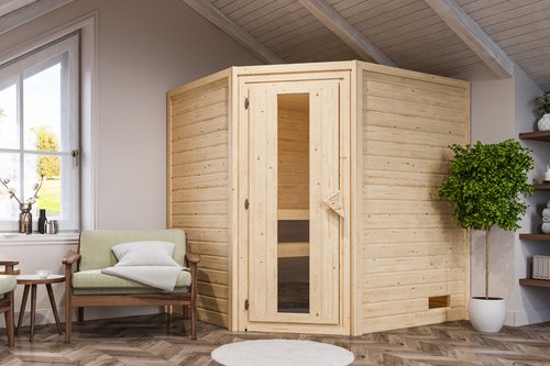 KARIBU Sauna »Soodla«, BxTxH: 196 x 169 x 198 cm, 9 kW Ofen mit interne Steuerung , für 3 Personen - beige