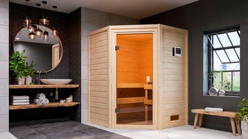 KARIBU Sauna »Reval«, BxTxH: 145 x 145 x 187 cm, 9 kW Bio-Ofen mit externe Steuerung , für 2 Personen - beige