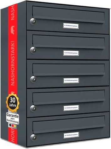 AL BRIEFKASTENSYSTEME Briefkasten, Parteien: 5, Aufputzmontage, BxHxT: 38,5 x 57,5 x 27,5 cm - grau