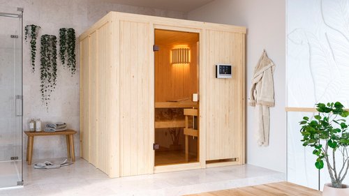 KARIBU Sauna »Kabli«, BxTxH: x 196 x 178 x 198 cm, 9 kW Ofen, für 4 Personen - braun
