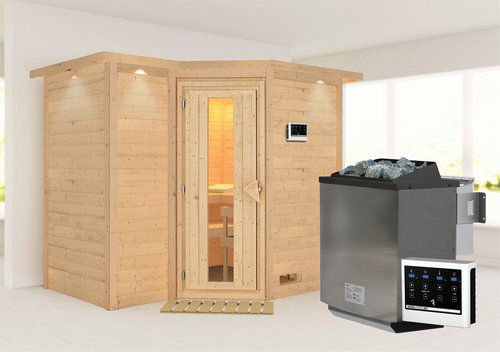 KARIBU Sauna »Riga 2«, inkl. 9 kW Bio-Kombi-Saunaofen mit externer Steuerung, für 4 Personen - beige