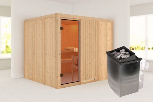 KARIBU Sauna »Rappel«, BxTxH: 231 x 196 x 198 cm, 9 kW Ofen mit interne Steuerung, für 4 Personen - beige